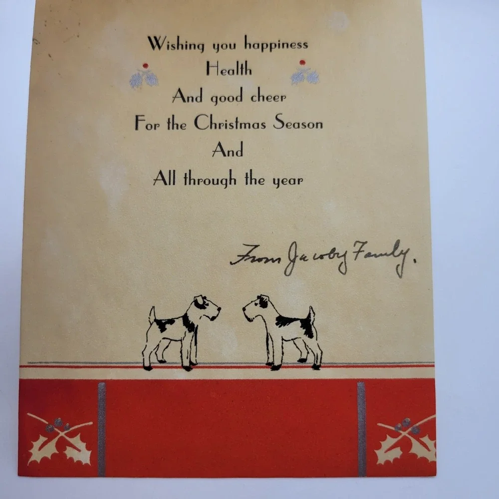 Vintage Holiday‎ Greetings Card Dog with Lamp Christmas Season